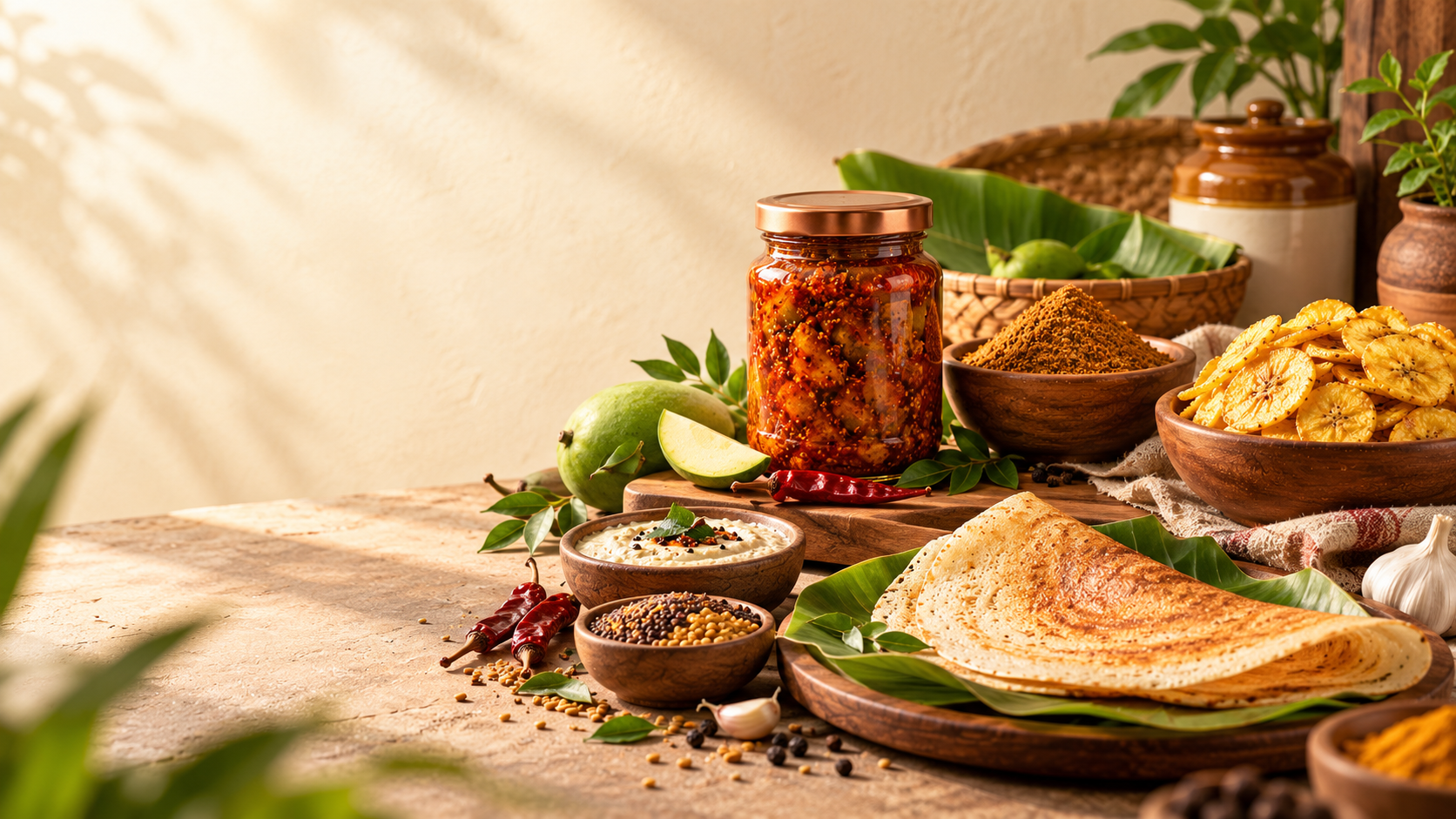 Sunlit Indian pantry with mango pickle, masala, banana chips, chutney and dosa